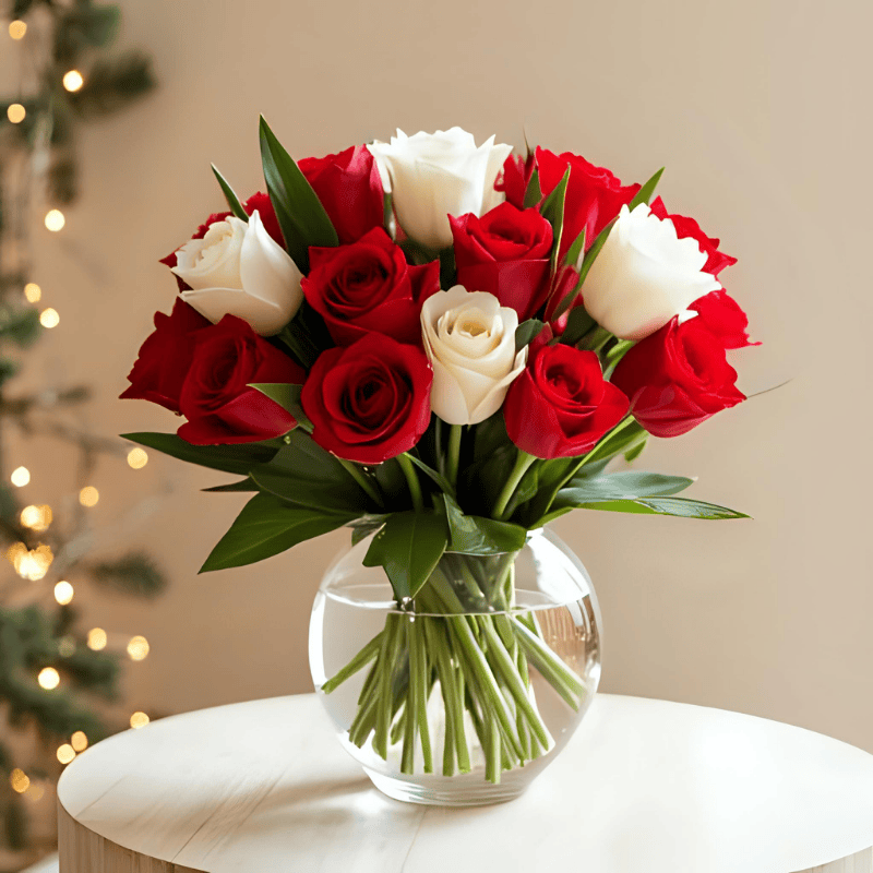Scarlet & Pearl Rose Vase showcasing mixed red and white roses in a stylish vase for gifting and decor