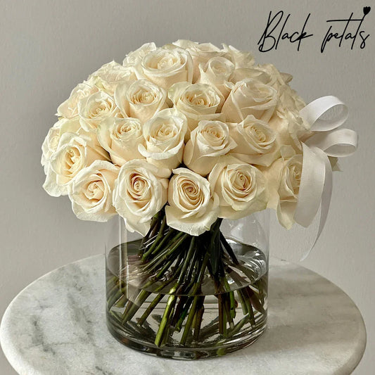 Clean And Classic White Roses In A Vase - Black Petals