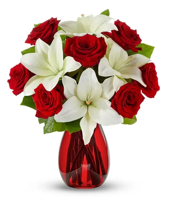 Classic Red Rose & White Lily Bouquet - Black Petals