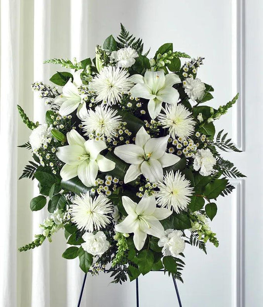 Elegant White Standing Spray for Sympathy - Black Petals