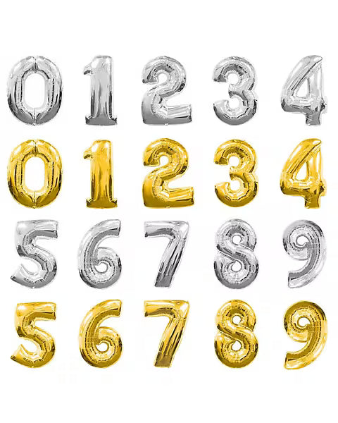 Giant 40 Inch Mylar Number Balloons in gold and silver, perfect for birthdays, parties, and milestone events with same-day NYC delivery.