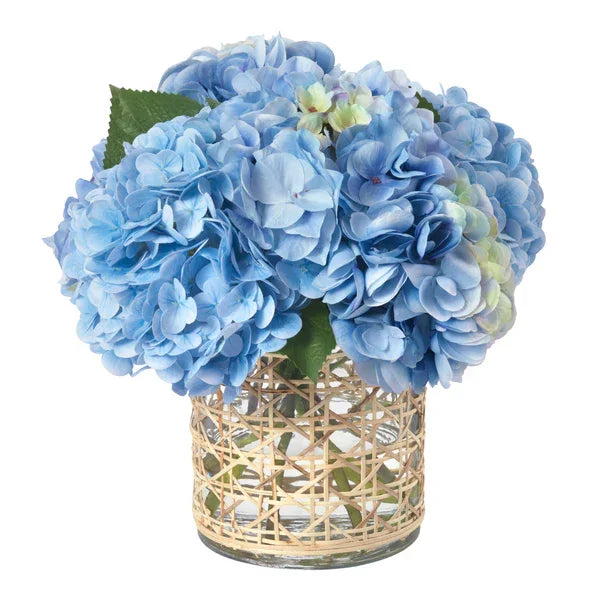 Blue Hydrangeas in Cane Vase - Black Petals