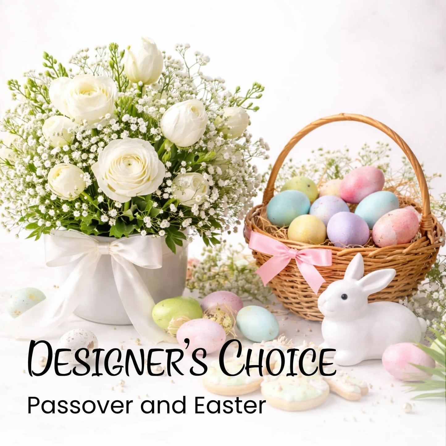 Designer’s choice Passover and Easter floral arrangement with seasonal spring flowers and festive decor.