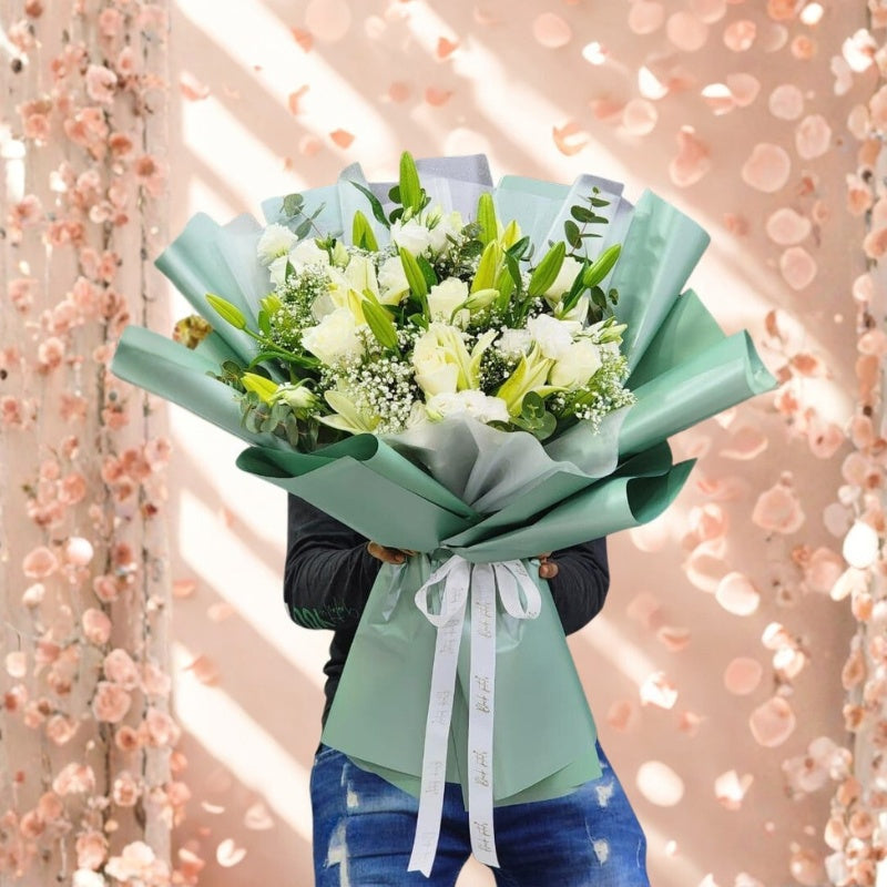 white lily rose bouquet Fresh White Lily & Rose Bouquet