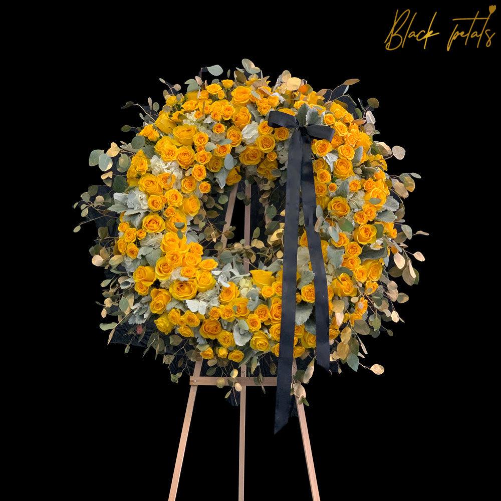 Yellow Hope BP Sympathy Standing Wreath - Black Petals