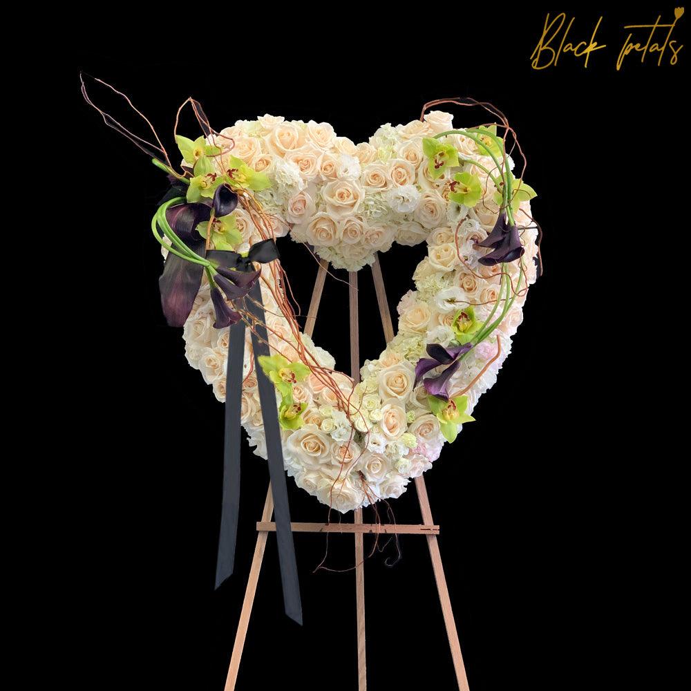 White Love BP Sympathy Standing Heart - Black Petals