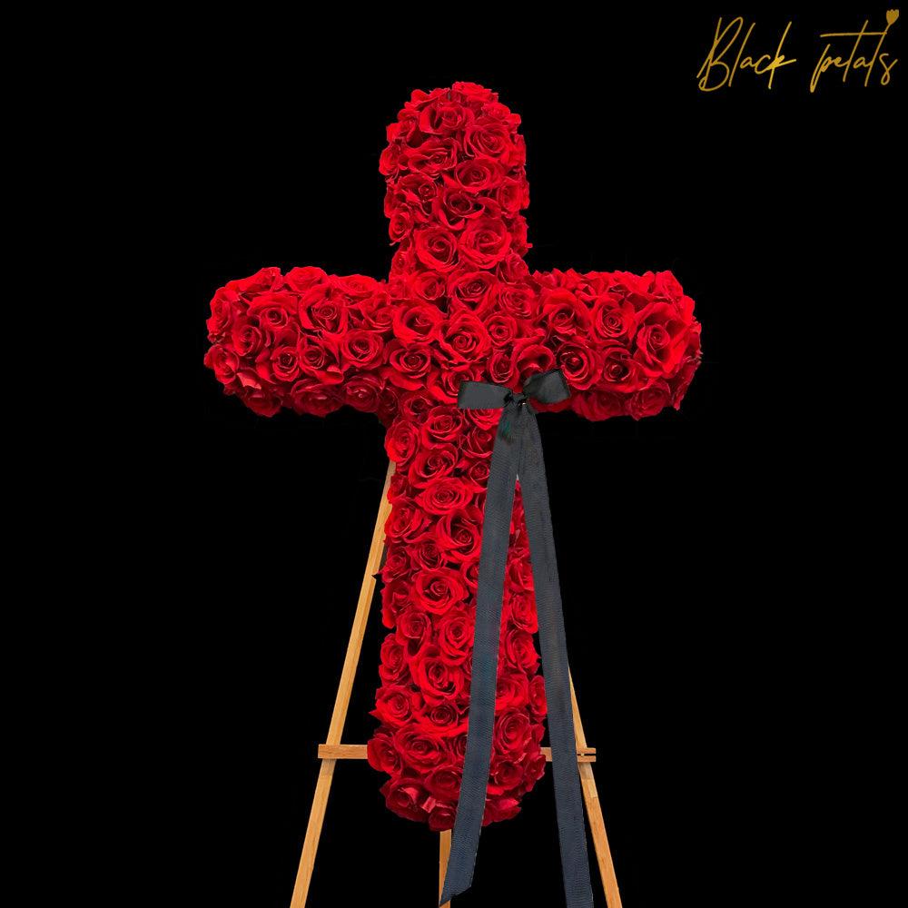 Red Rose Standing Cross BP Sympathy - Black Petals