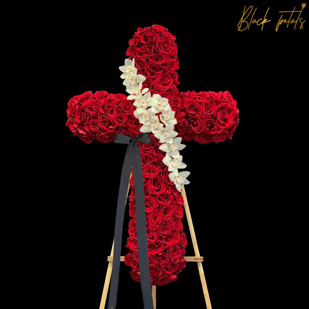Red Rose & Orchids Standing Cross BP Sympathy - Black Petals