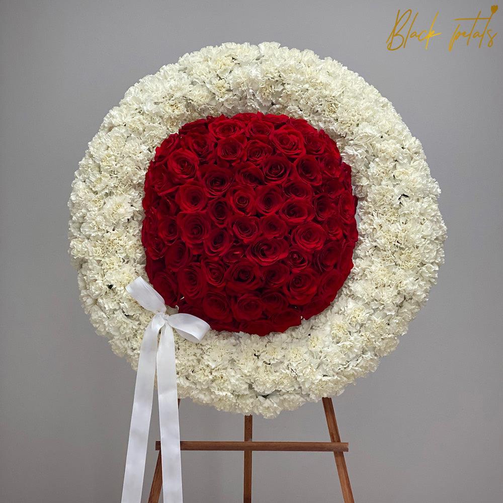 Roses & Carnations BP Standing Sympathy Wreath - Black Petals