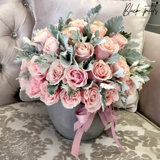 Pink Mondial Roses In A Ceramic Pot - Black Petals