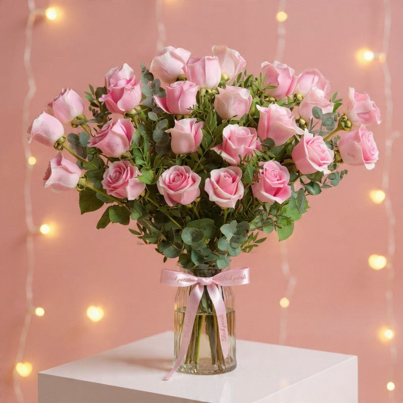 Valentine 25 Pink Roses Vase - Black Petals