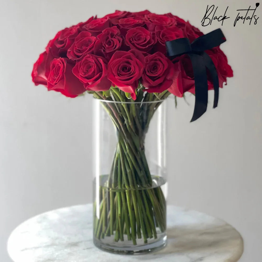 Roses And Stems In A Glass Vase - Black Petals
