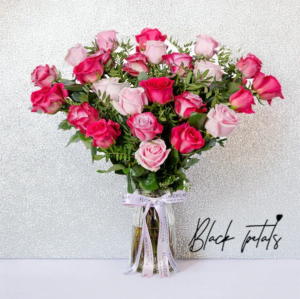 Valentine 25 Blush Roses Vase - Black Petals