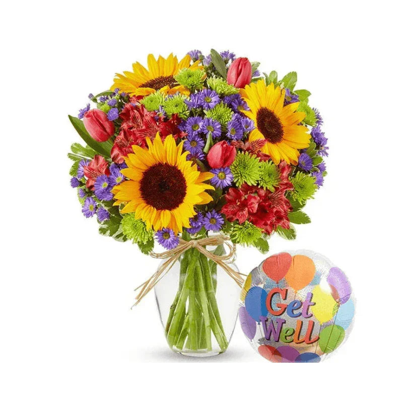 Sunshine Revival Sunflowers + Get Well Balloon - Black Petals