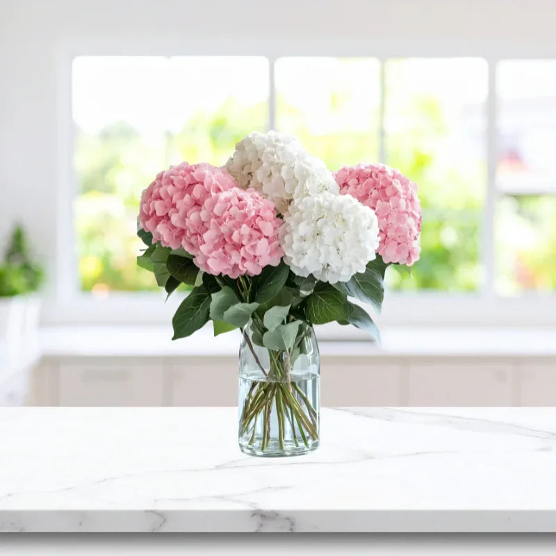 Timeless Grace Arrangement with pink and white hydrangeas in a vase, available for same-day flower delivery in Manhattan & NYC.