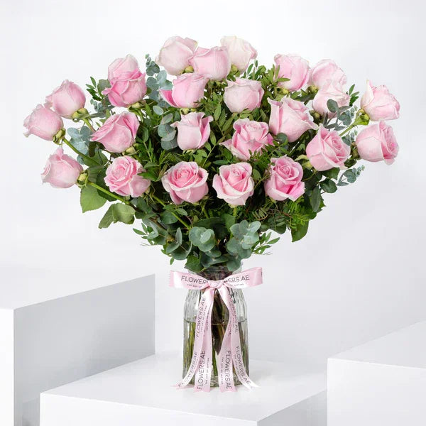 Valentine 25 Pink Roses Vase - Black Petals