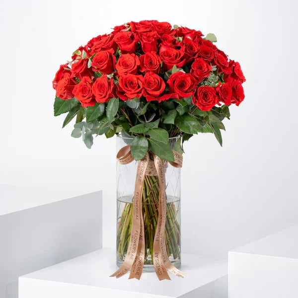 Valentine 50 Red Roses Vase - Black Petals