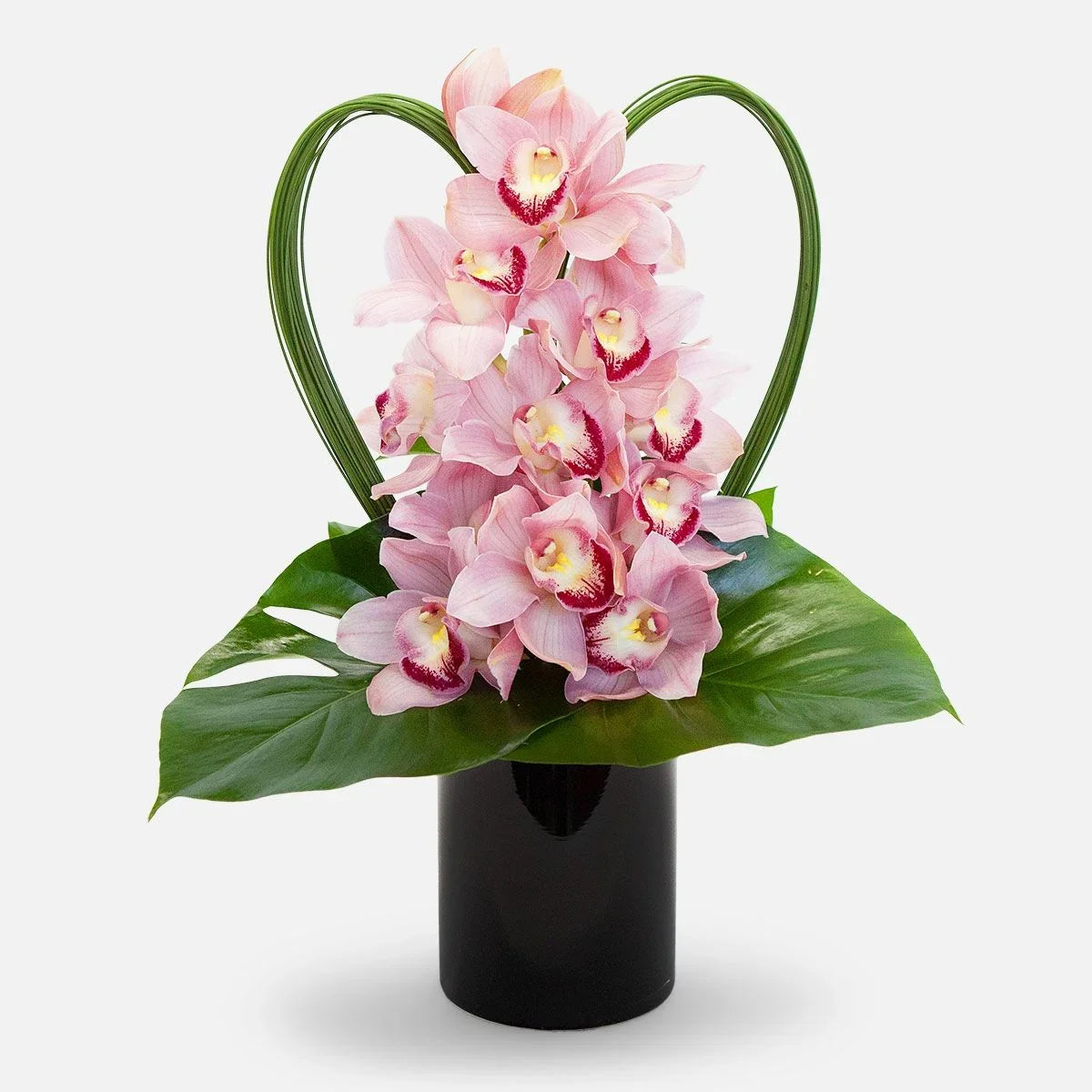 Beautiful Pandora Arrangement with pink cymbidium orchids and heart-shaped greenery in a black vase, same-day NYC flower delivery.