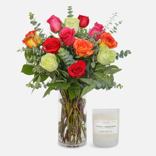 Dozen Multicolor Roses + Sydney Hale Candle - Black Petals