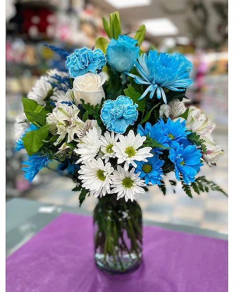 Blue and White Rose & Daisy - Black Petals