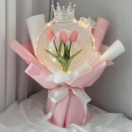 Pink Tulip Bubble Balloon with Crown