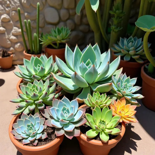 Rare succulent collection featuring lithops, dolphin plant, and string of pearls arranged in a modern indoor display.
