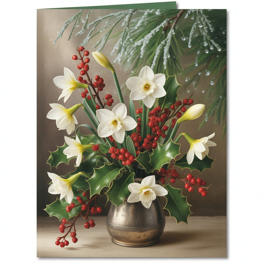 December birth flowers holly and narcissus, symbolizing festive cheer, hope, and renewal in winter celebrations.
