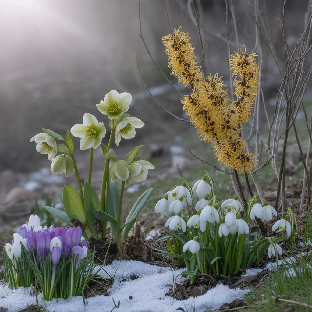 A mix of late-winter flowers like hellebores, snowdrops, crocus, and witch hazel blooming softly as the season begins to shift