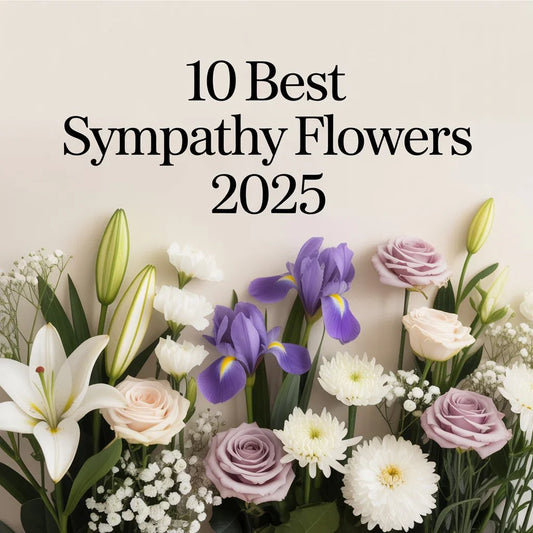 Floral banner showcasing lilies, roses, and irises for a 2025 guide to the best sympathy flowers.