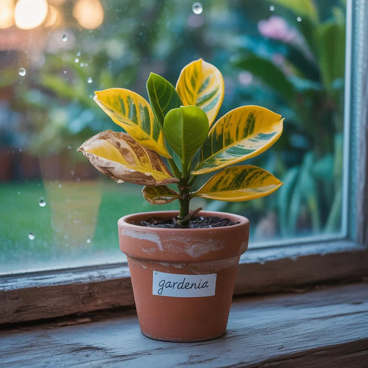 Close-up of yellowing gardenia leaves on a potted plant showing signs of stress from water, soil, or nutrient imbalance.