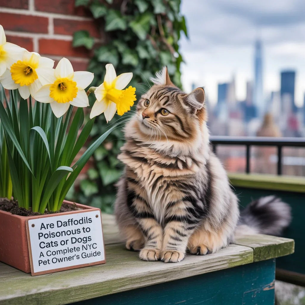 Bright yellow daffodils in a Manhattan home with a curious cat nearby highlighting the risks for pets and safe floral choices