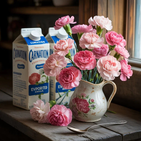 Pink carnations and Carnation milk products symbolizing cultural impact, floral beauty, and nostalgic food traditions.