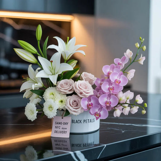 Fresh flower arrangement by Black Petals, a local Manhattan florist, available for online order and same-day NYC delivery.