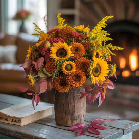 Fall flower arrangement with dahlias, mums, and sunflowers—crafted by Black Petals NYC.