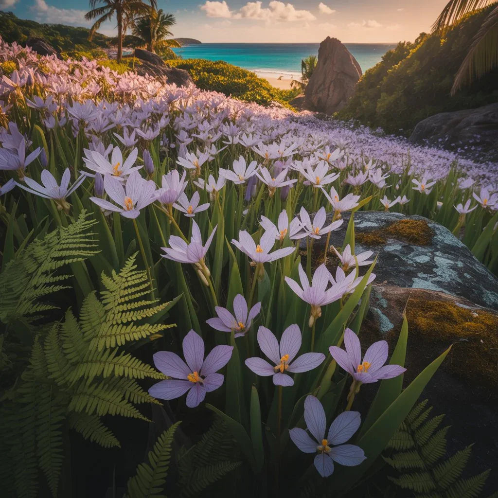Purple flowers on Ginger Island in Stardew Valley, symbolizing rarity and beauty, now available as real bouquets at Black Petals NYC.