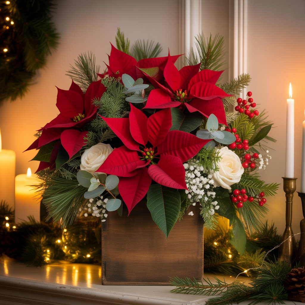 Christmas flower arrangement with poinsettias, winter greenery and soft white blooms displayed in a warm holiday setting.