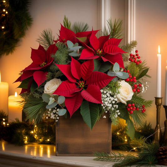 Christmas flower arrangement with poinsettias, winter greenery and soft white blooms displayed in a warm holiday setting.