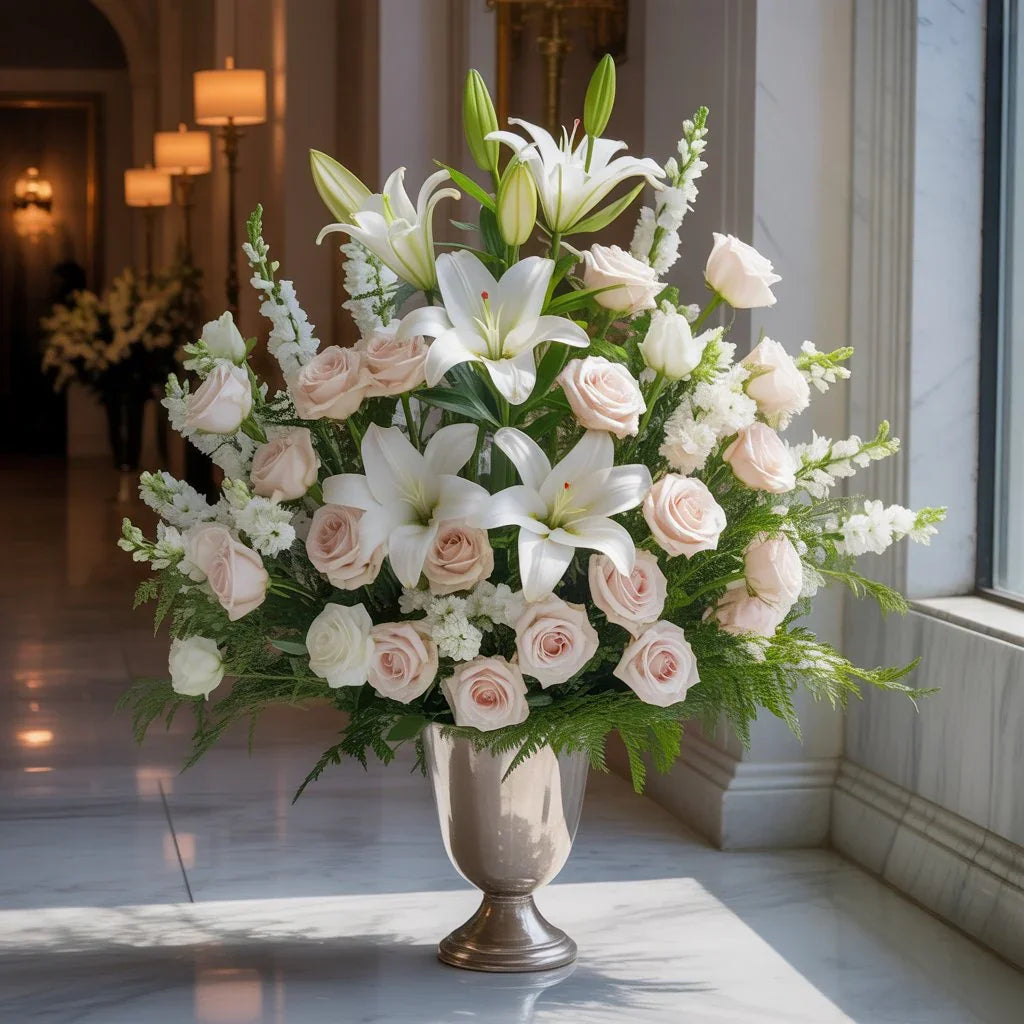 Elegant funeral flower arrangement with white lilies, pale pink roses, and greenery in silver vase by window