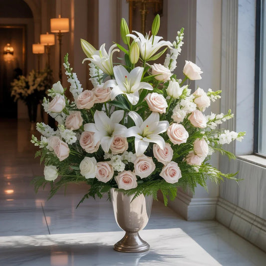 Elegant funeral flower arrangement with white lilies, pale pink roses, and greenery in silver vase by window