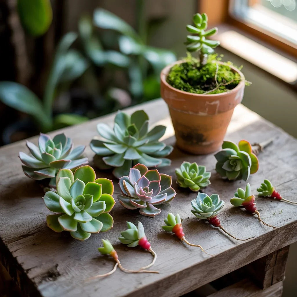 Various succulent leaves and small rooted cuttings arranged on rustic wooden table near potted succulent