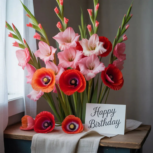 Gladiolus and poppy flowers in vibrant August birthday bouquets symbolizing strength, remembrance, and love in seasonal floral designs.