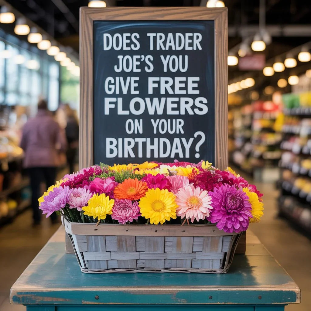 Basket of colorful flowers in front of a sign asking if Trader Joe's gives free birthday flowers inside a grocery store