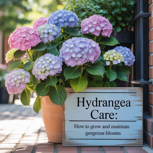 Healthy pink and blue hydrangeas blooming in a New York City garden, receiving morning sun and proper seasonal care.