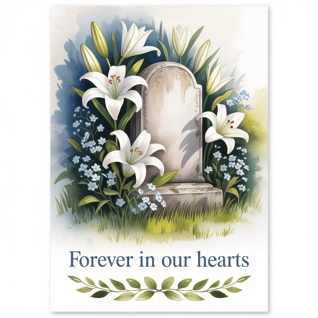 Memorial card with a tombstone surrounded by white lilies and blue flowers, text reads Forever in our hearts