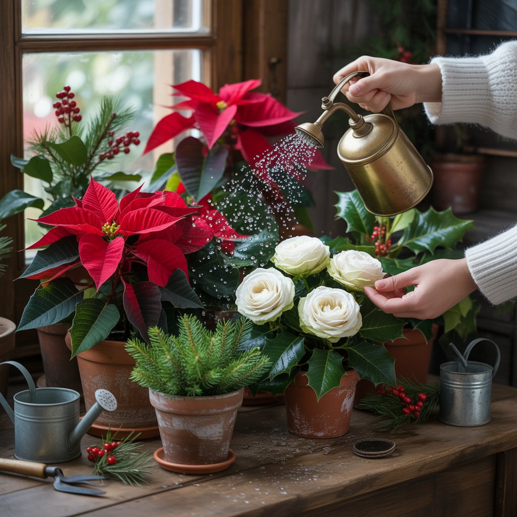 Watering Christmas poinsettias and white roses indoors window, showing proper winter flower care and watering technique.