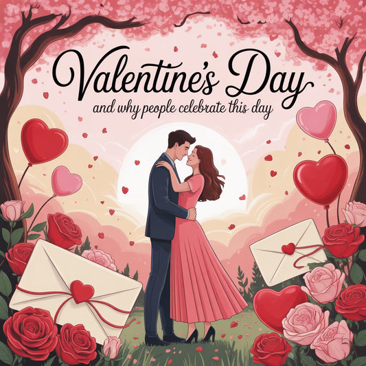Valentine’s Day illustration showing a romantic couple surrounded by roses, love letters, and hearts celebrating love and affection