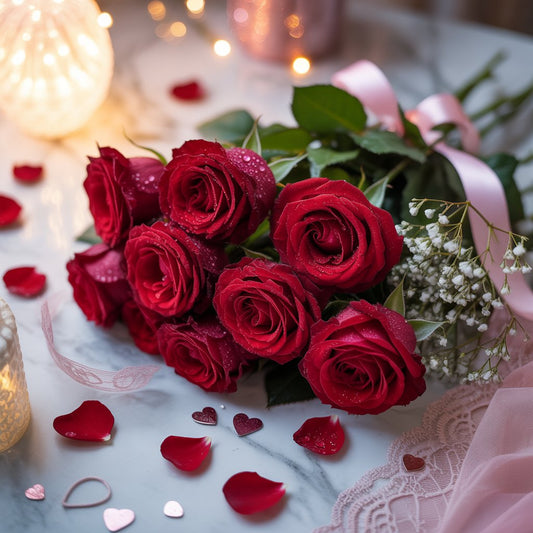 Connection of red roses with Valentine’s Day flowers representing romantic love and emotional commitment
