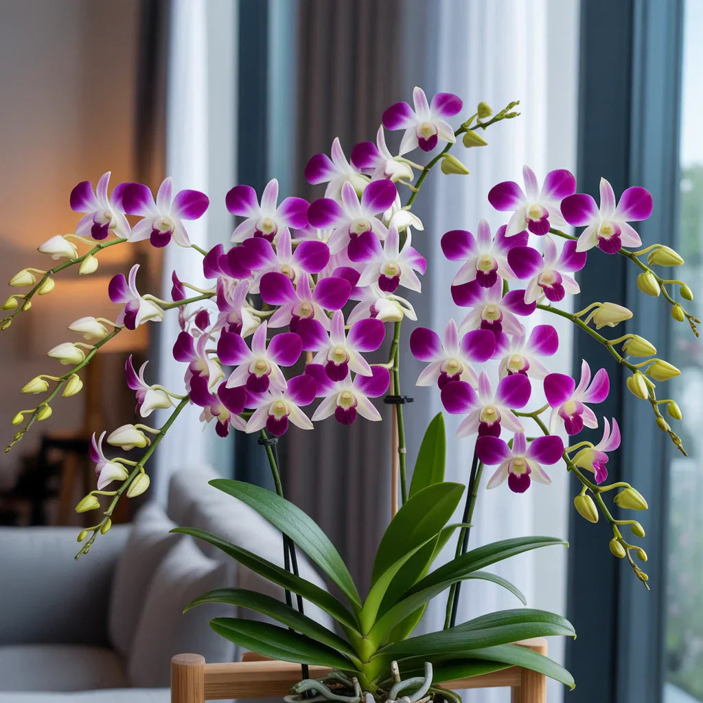 Blooming Dendrobium orchid plant with vibrant flowers and healthy canes displayed indoors, perfect for NYC homes and gifting