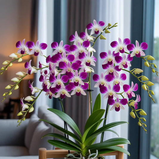 Blooming Dendrobium orchid plant with vibrant flowers and healthy canes displayed indoors, perfect for NYC homes and gifting