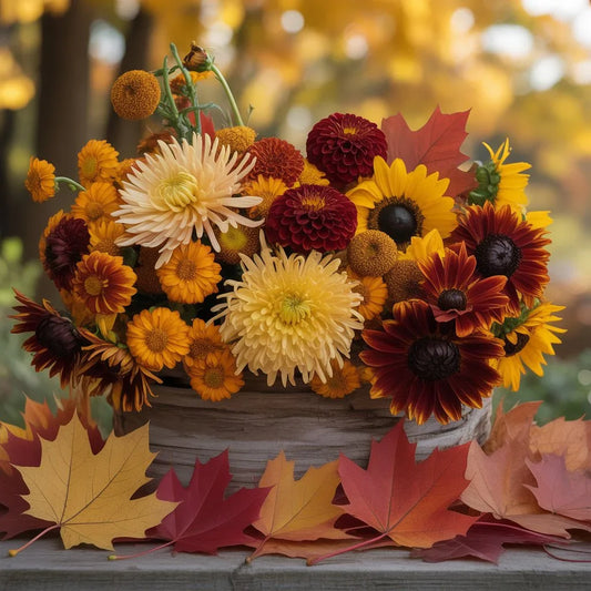 Black Petals Manhattan fall flower arrangements featuring sunflowers, roses, and lilies in warm autumn tones for same-day delivery.
